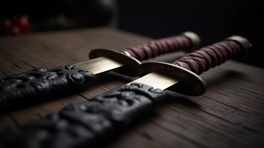 Two martial artists in a minimalist gym practice Escrima stick techniques, one holding a rattan stick mid-drill, close-range focused stance, soft directional lighting from the side, calm and technical atmosphere, documentary-style photography.