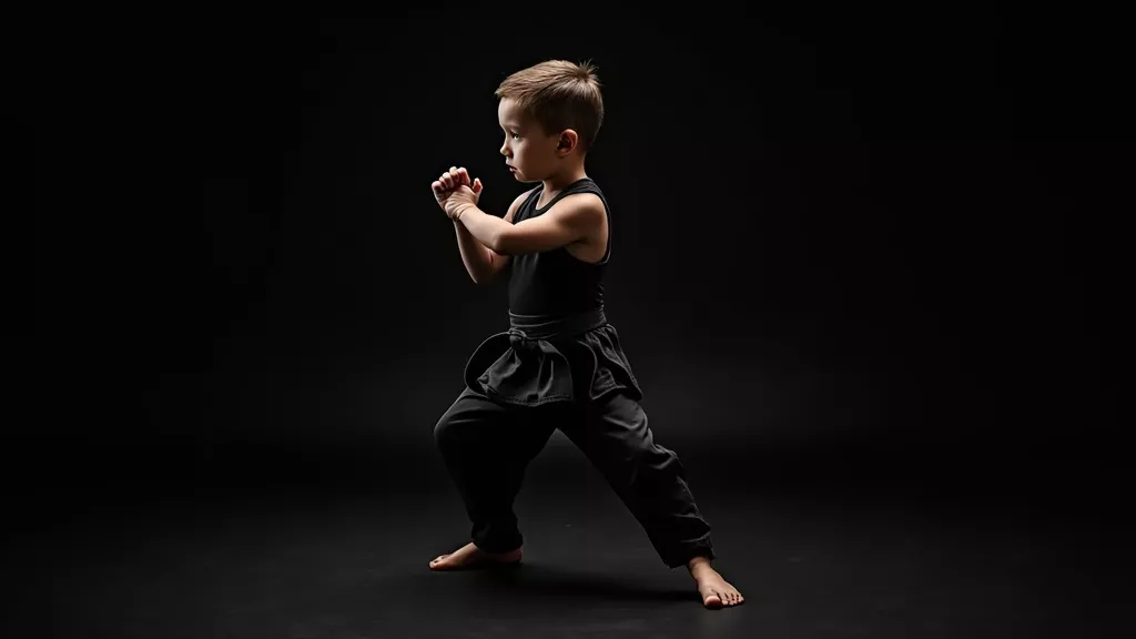 child in martial arts stance, calm and focused