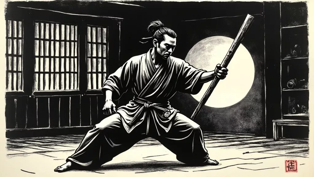 martial artist gripping rattan stick in training hall